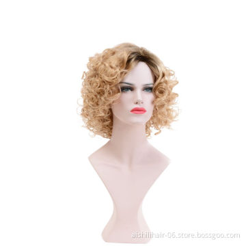 Sell like hot side golden yellow heat resisting synthesis fleeciness curls wave head type wig for euramerican woman